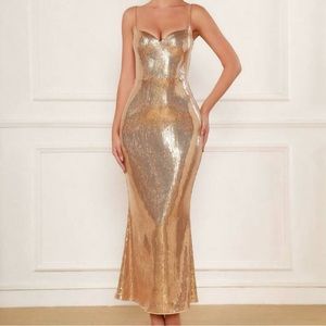Elegant and Sophisticated Champagne Gold, Long Length, Sequined, spaghetti strap